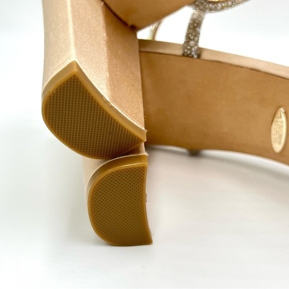 Badgley Mischka Size 11 Kari Soft Nude Satin Jeweled Block Open Toe Heels Shoes - Picture 11 of 12